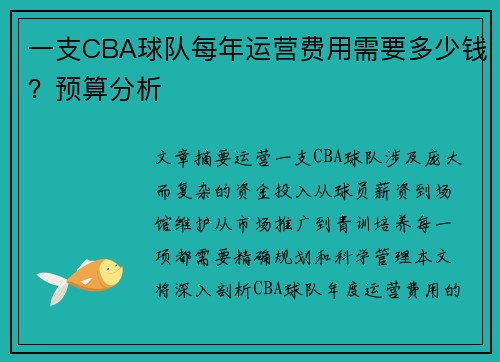 一支CBA球队每年运营费用需要多少钱？预算分析